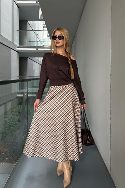 Angel Mia Fusta midi din piele intoarsa cu model carouri bej