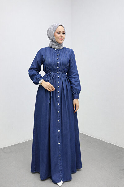 Weak Blue Women's Navy Blue Buttoned Waist-Tie Denim Hijab Dress