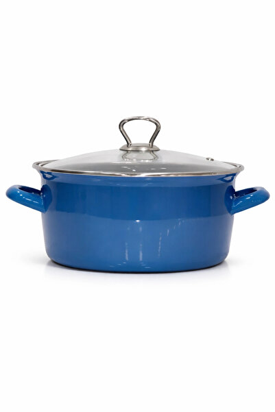 PR HOME وعاء قلي زجاجي مطلي بالمينا مع غطاء 24 سم أزرق مع قاعدة كروم