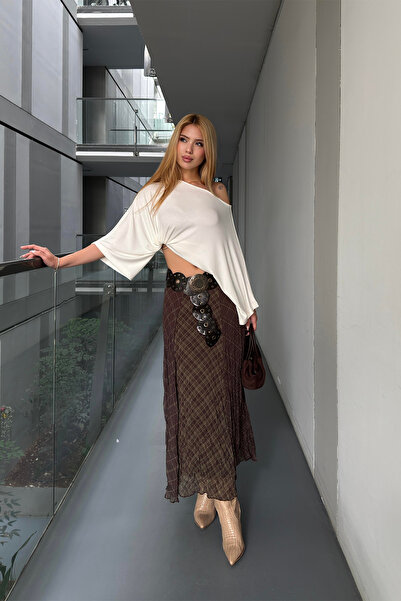 Angel Mia Patterned Wrinkled Look Skirt Brown