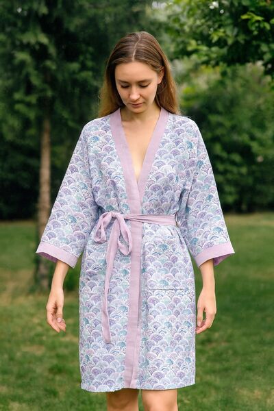 Elvya مطبوع رداء حمام من الموسلين كيمونو – للجنسين |   قماش طبيعي ناعم من الق...