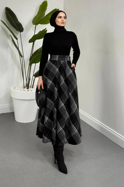 Tesettür Diyarı Fustă cu model în carouri, evazată, cu broderie, stil hijab -...