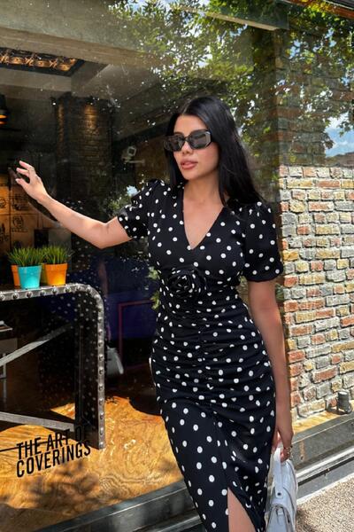 Angel Mia Μαύρο φόρεμα κρεπ - Ροζ λεπτομερές σχέδιο