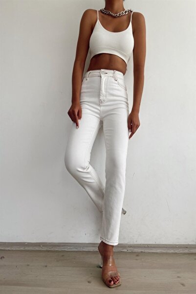 Angel Mia Detaliu de cusătură Fit Mom Jean Ecru