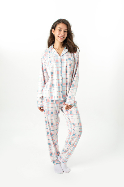 Ecrou Γυναικείο Baby Blue καρό New Start στρογγυλός γιακάς Σετ πιτζάμες με μα...