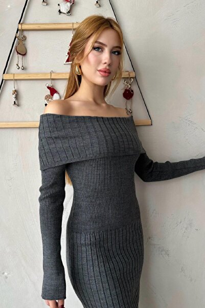 Angel Mia Madonna Yaka Likralı Elbise Antrasit