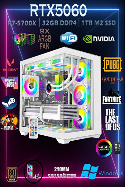 Apphirex TCW10 Ryzen 7 5700X 32GB 1TB M.2 SSD RTX5060 8GB Sıvı Soğutmalı Beya...