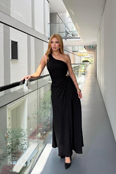 Angel Mia One Shoulder Draped Dress Black