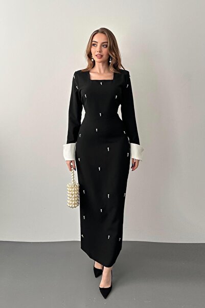 Elbee Fashion Woman Siyah Beyaz Manşet Detaylı İncili Elbise
