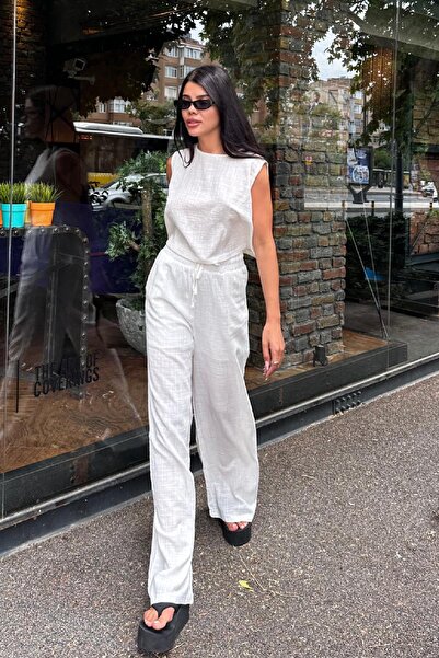 Angel Mia Παντελόνι από λινό με κορδόνια εκρού