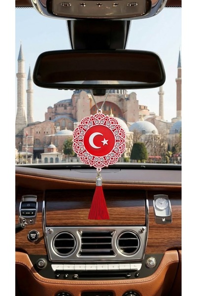 GÜNEŞ HEDİYELİK Maskot Türk Bayrağı Araba Dikiz Ayna Süsü (Beyaz - Kristal Ta...