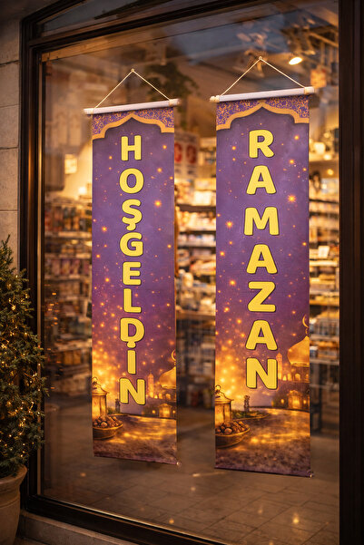 zubi Hoşgeldin Ramazan Yazılı ikili 40x160 cm İç Mekan / Dış Mekan Kumaş Flama