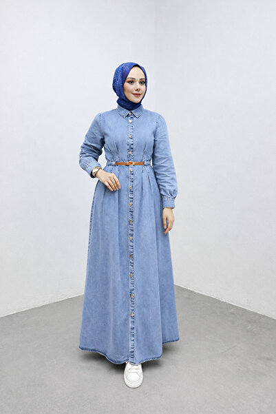 Weak Blue Класическа скромна рокля от син деним с копчета