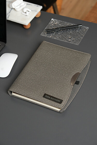 locko Kişiye Özel Gri Düz Vegan Deri Lastikli Gizli Spiralli 240 Sayfa Çizgil...