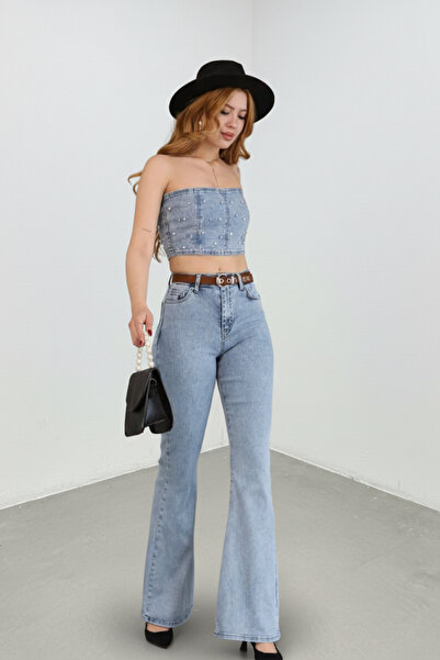 Weak Blue بنطلون جينز نسائي عالي الخصر من الدنيم الأزرق الفاتح من الليكرا