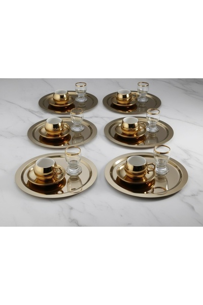 SİNİ Paslanmaz Çelik 6 Adet Yuvarlak Lüx Gold Kahve, Çay Sunum Servis Tepsisi