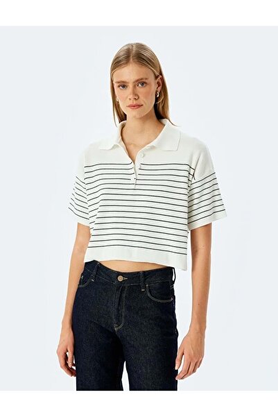 Koton Pulover tricot subțire cu guler polo supradimensionat cu dungi cu nasturi