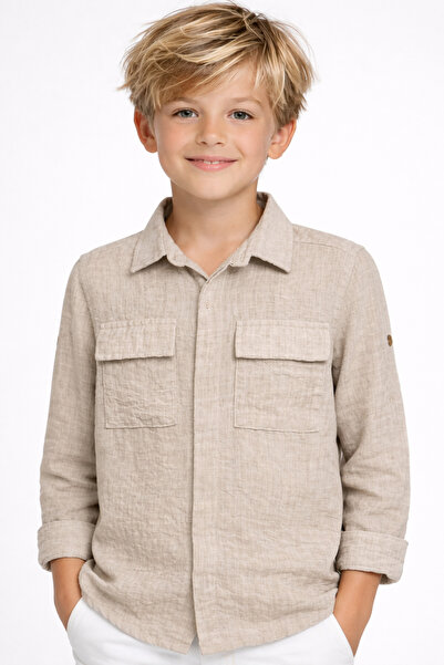 NANİCA Bej Boys' Linen Blend Long Sleeve Shirt 6-16 Years