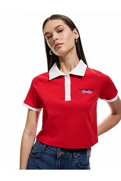 Koton تي شيرت قطني بأزرار وياقة بولو وتطريز مفصل وأكمام قصيرة 5SAL10535IK أحمر