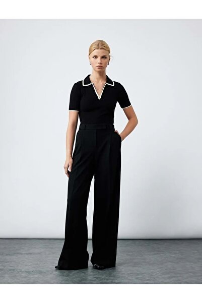 Koton Дамски дрехи Панталони с висока талия и плисирани детайли и джобове ЧЕРЕН