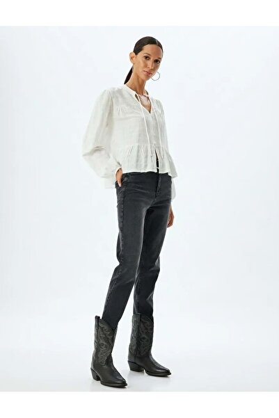 Koton بنطلون جينز عالي الخصر مع قصة ضيقة أزرار 5WAL40027MD أسود