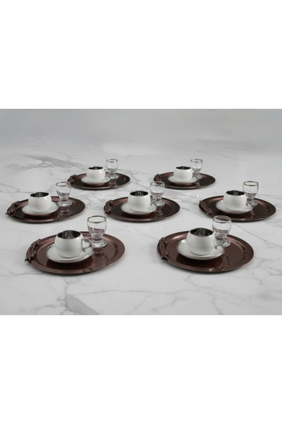 SİNİ 6 Adet Paslanmaz Çelik Yuvarlak Dal Figürlü Bakır Renk Kahve Sunum Tepsisi