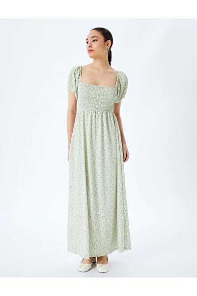 Koton Balloon Sleeve Square Neck Gipeli Floral Long Dress 5Sal80076Ik Green P...