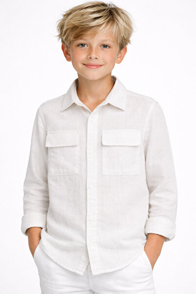 NANİCA White Boy's Linen Blend Long Sleeve Shirt 1-5 Years