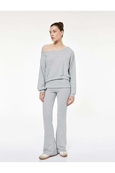 Koton Γυναικεία Ρούχα Βισκόζη Μικτή Υφαντική Υφή Ψηλόμεσο Παντελόνι καμπάνα ΓΚΡΙ