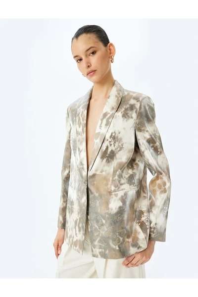 Koton Modal Kumaş Soyut Desenli Cepli Kruvaze Blazer Ceket 5SAK50045UW EKRU