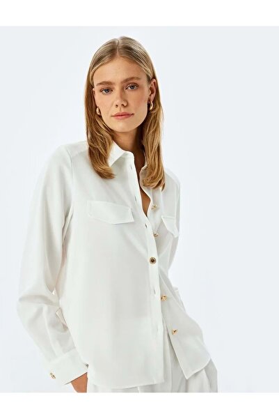 Koton Aplike Detaylı Uzun Kollu Klasik Yaka Krep Gömlek