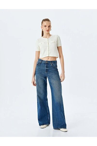 Koton Geknöpfter Kurzarm-Cardigan mit Taschendetail aus Strick 5SAL90011IK ECRU