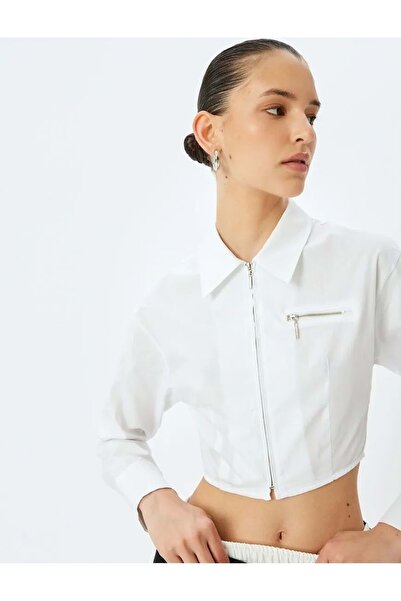 Koton Slim Fit Uzun Kollu Klasik Yaka Crop Fermuarlı Gömlek
