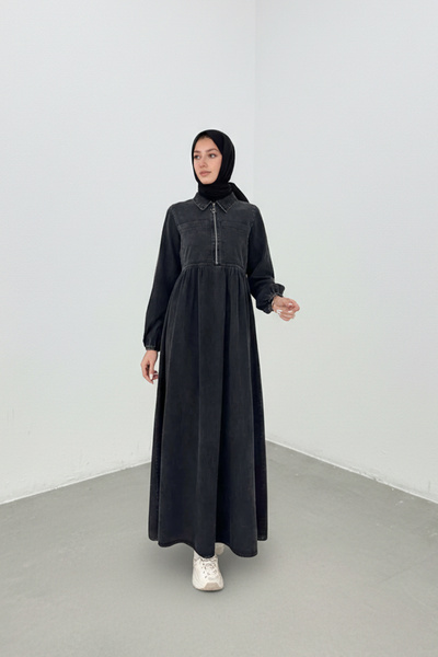 Weak Blue Kadın Tesettür Fermuarlı Cepli İnce Kot Elbise