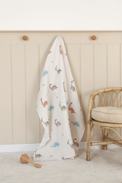 Bedeca 100% Organic Cotton Muslin Baby Blanket - Dinosaur Printed 90x100 cm Multi-Purpose Muslin Blanket