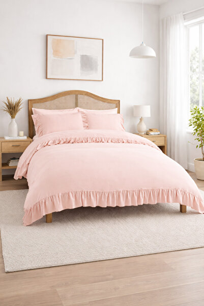 RİTMOHOME Somon/pudra Farbalalı - Fırfırlı Pamuklu Vintage Otel Serisi Çift K...