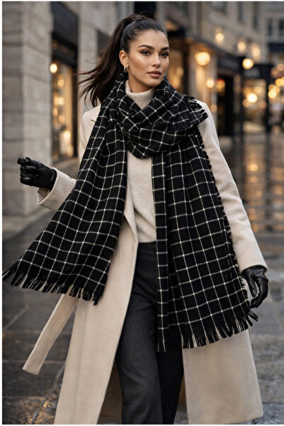 Luminos Butik Women's Black Square Patterned Scarf - Shawl 70X180 cm Sal1207