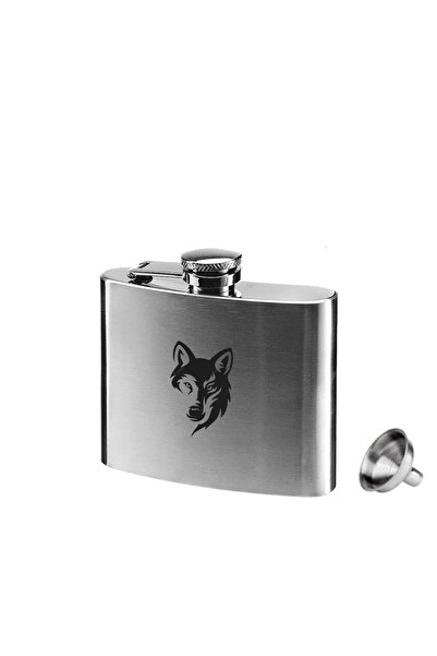ANGELO Stainless Wolf Pattern Steel Pocket Drinking Flask - Chrome 5oz 150ml