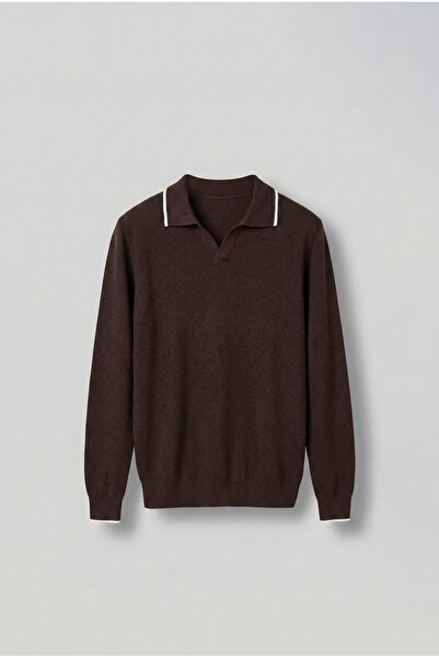 ablukaonline Ανδρικό πουλόβερ με λεπτή ραβδωτή λαιμόκοψη καφέ
