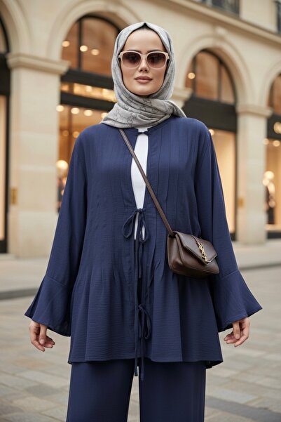 Aselim Hijap Moda Set casual din in brut - Set tunică cu mâneci largi plisate...