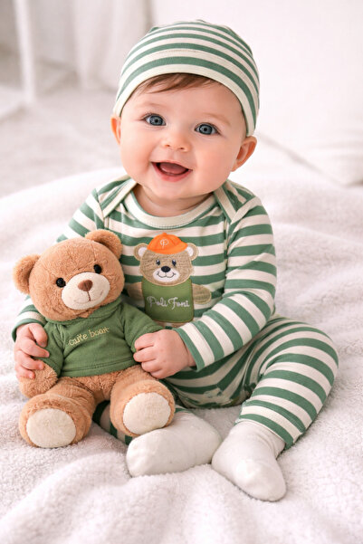 bebekyol Striped Bear Embroidered Baby Set