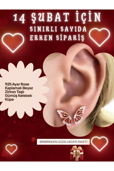 SUNSHINE 925 Ayar Rose Kaplamalı Beyaz Zirkon Taşlı Gümüş Kelebek Küpe