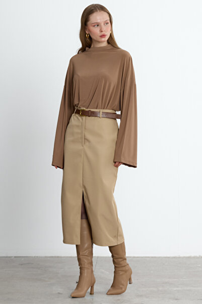 LADYA COLLECTION Bej Rengi Nova Midi Deri Etek