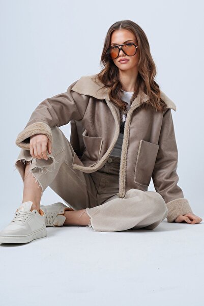 VAGGON Women's Mink-Beige Double Pocket Faux Fur Lined Faux Leather Biker Jac...