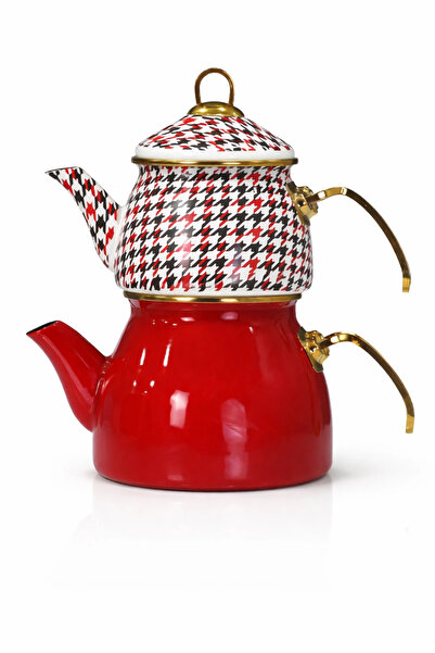 PR HOME نموذج إبريق الشاي المطلي بالمينا باللون الأحمر الذهبي