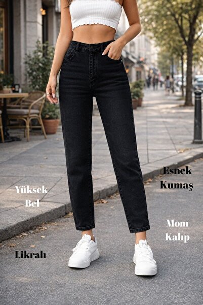 CEDY DENIM Mom Fit Jean Pantaloni de blugi negri elastici pentru femei cu tal...