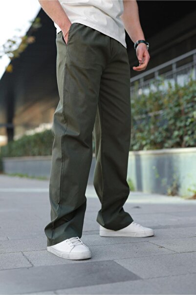 Madmext بنطال رجالي كاكي واسع الساق مربوط بخصر E7403