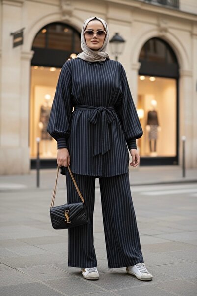 Aselim Hijap Moda Çizgili Kuşaklı Pamuklu Gömlek Takım Lacivert