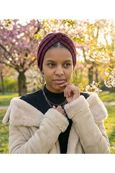 elysianfidan Σταυρός Fukuro Glitter Lined Claret Red Ready Turban Hijab βραδι...