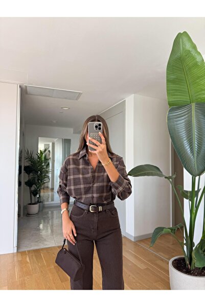 BellaVita Botuique Kahverengi Ekose Uzun Kollu Gömlek